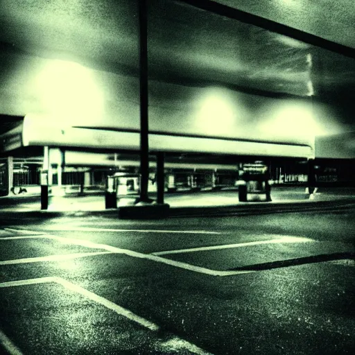 Image similar to insane nightmare, no light, everything is blurred, creepy shadows, petrol station, very poor quality of photography, 2 mpx quality, grainy picture