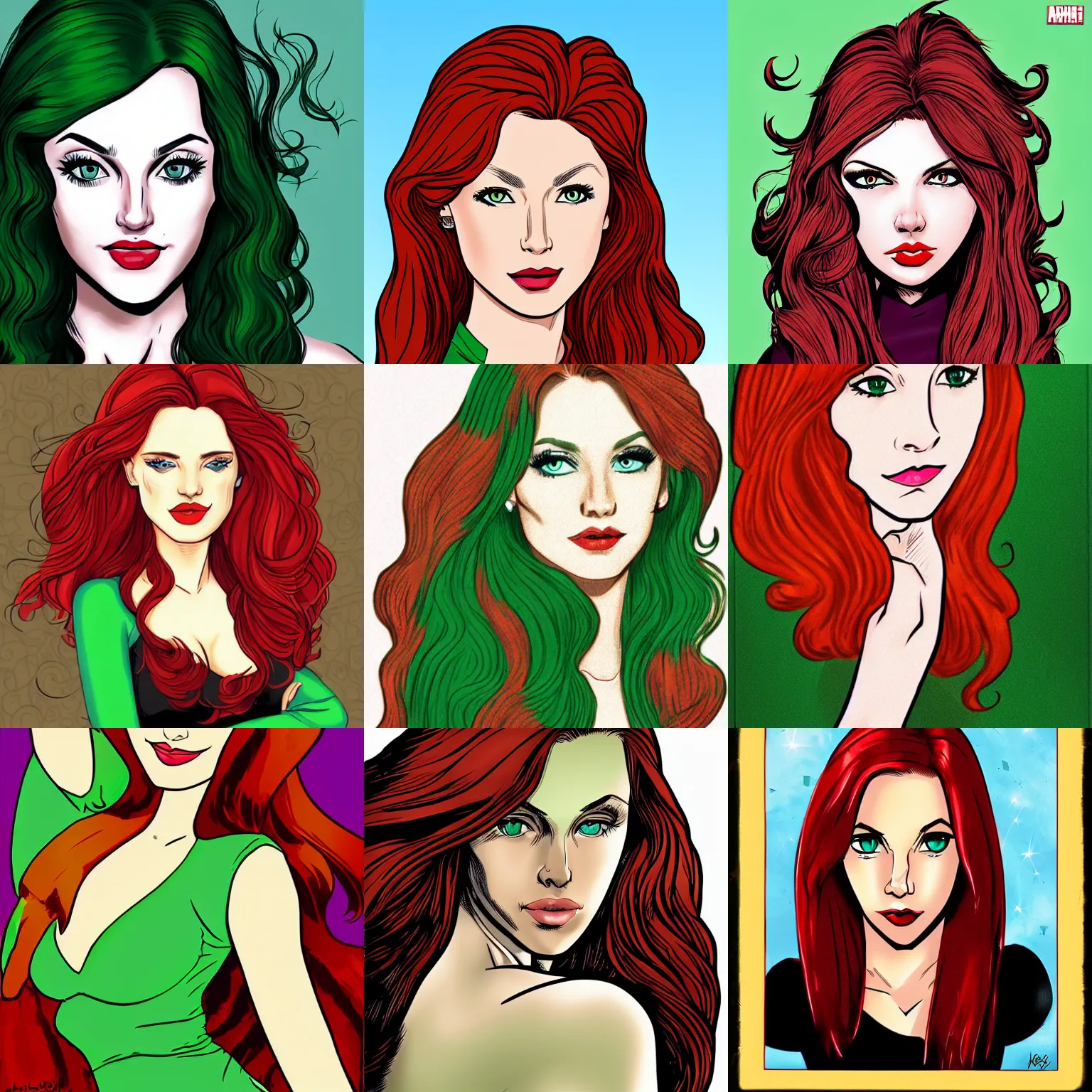 Prompt: portrait of a beautiful woman, long crimson hair, green eyes, by Archie Comics