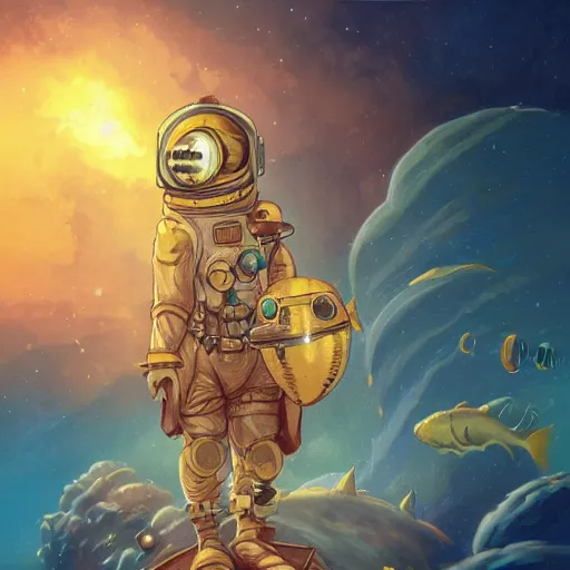 Prompt: A Steampunk astronaut with a golden helmet and full body swimming thru lava, character concept in the style of a graphic manga by peter mohrbacher and Kohei Horikoshi, underwater background with detailed fish swimming by Kelly Mckernan, trending on artstation, HD,