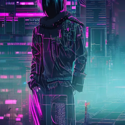 Image similar to cyberpunk character in abstract neon tokyo composition, dark and mysterious, very detailed, very realistic