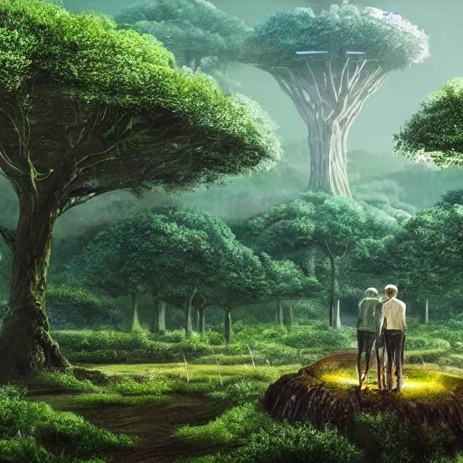 Prompt: An UFO landing in a lush green ancient fantasy forest, with large trees and beautiful life, high details, realistic art.