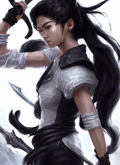 Image similar to a highly detailed illustration of fierce tall amazon messy ponytail black haired one armed delinquent asian woman wearing white cap wearing long white jacket with cape, dramatic wielding sword pose, muscular, intricate, elegant, highly detailed, centered, digital painting, artstation, concept art, smooth, sharp focus, league of legends concept art, wlop.