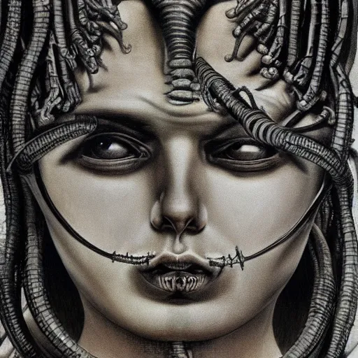 Image similar to Medusa by H.R. Giger. Portrait