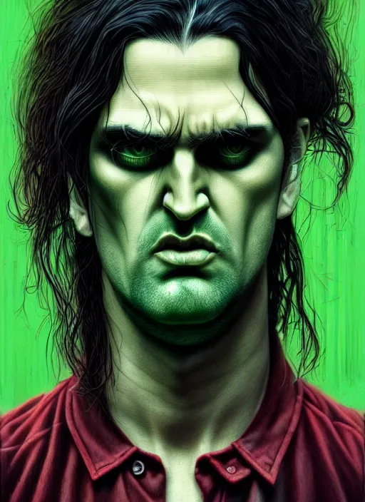Image similar to hyper detailed ultra sharp type o negative peter steele photorealistic sulking portrait, somber gothic aesthetic, masterpiece, elite, illustration, art by sachin teng, felix englund, organic matte painting, emerald color palette, hard edges, graffiti, street art 8 k
