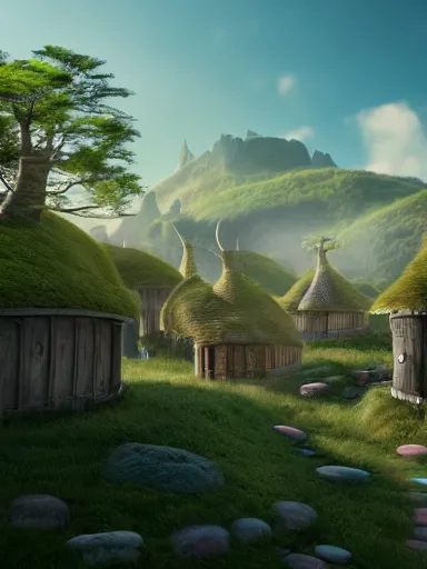 Image similar to futuristic hobbit town in the style of miyazaki, realistic lighting, octane render, beautiful weather, 8 k,