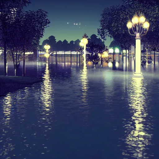 Prompt: night city park drowned in water with lots of lights at night, render, trending on artstation