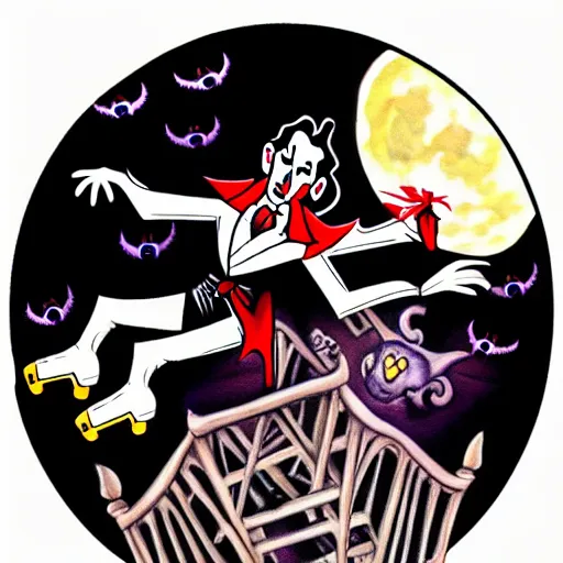 Image similar to dracula dancing on roller skates surrounded by bats and a full moon in the style of american traditional tattoo