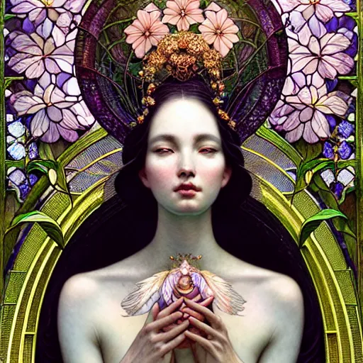 Prompt: a beautiful empress, intricate, elegant, hyper detailed, finely detailed beautiful angelic symmetry face delicate, smooth, sharp focus, award - winning, masterpiece, in bloom greenhouse, shining light came in through the window, style of tom bagshaw, cedric peyravernay, peter mohrbacher, louis comfort tiffany, victo ngai, 4 k hd illustrative wallpaper