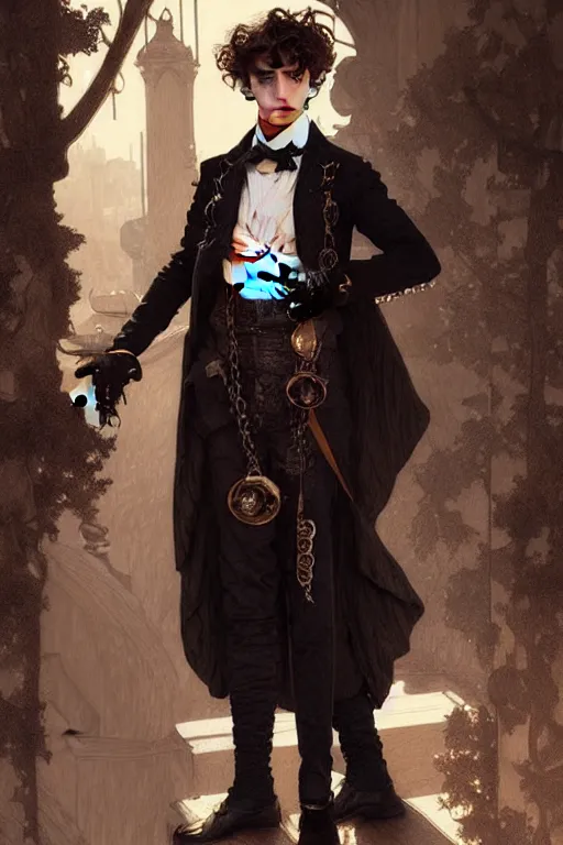 Prompt: Timothée Chalamet dressed in male Victorian fashion, D&D, fantasy, intricate, elegant, highly detailed, digital painting, artstation, concept art, matte, sharp focus, illustration, art by Artgerm and Greg Rutkowski and Alphonse Mucha