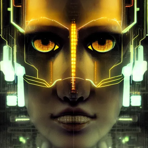 Image similar to a face covered in computer circuits, scifi, bladerunner, cyberpunk, heavy ink, yellow, very detailed eyes, 8 k resolution, by wlop, greg rutkowski