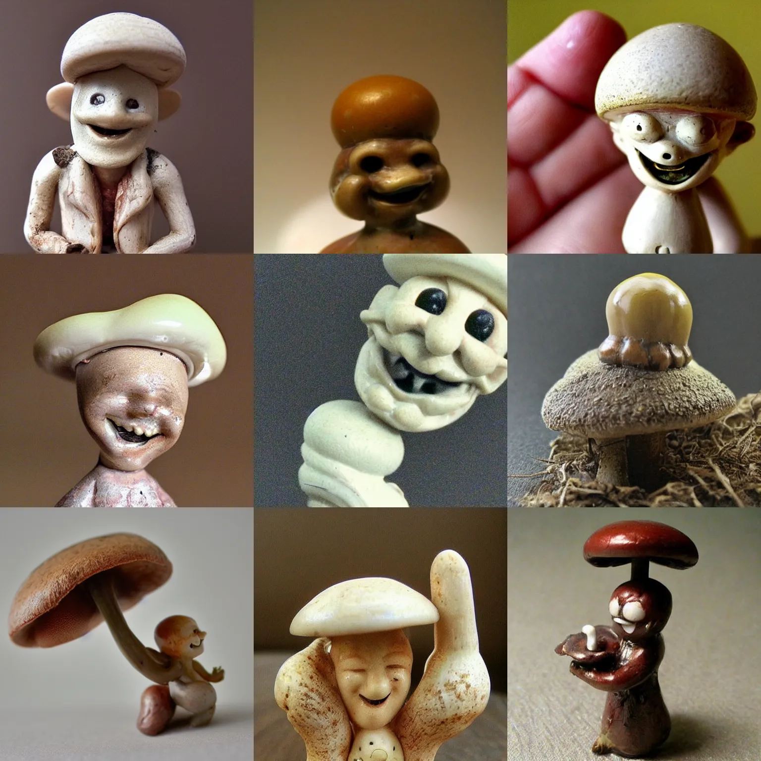 Prompt: anthropomorphic smiling! antique mushroom!!! figurine, creepy macro photo