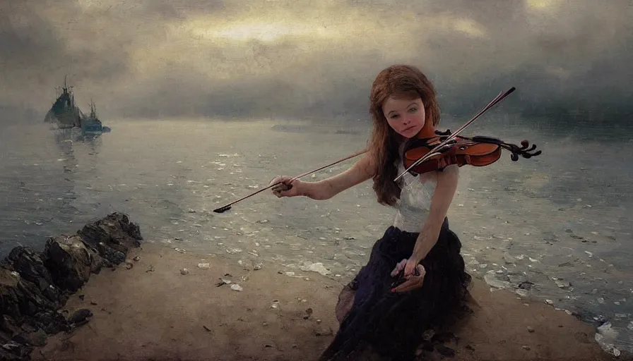 Image similar to angel alone playing on a violin near the shore, boats in the background, foggy morning, clouds in the sky, russian oil painting, serov, surikov, vasnetsov, repin, kramskoi, paint texture, uplight, insanely detailed and intricate, high resolution, Charlie Bowater, Tom Bagshaw, Norman Rockwell, octane rendered, unreal engine, illustration, trending on artstation, masterpiece, 8k