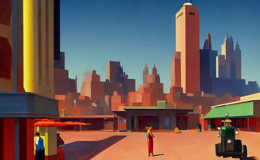 Image similar to Sowers and farmers in a Martian city built in 1930, very coherent, painted by Edward Hopper, painted by James Gilleard, airbrush, art by JamesJean