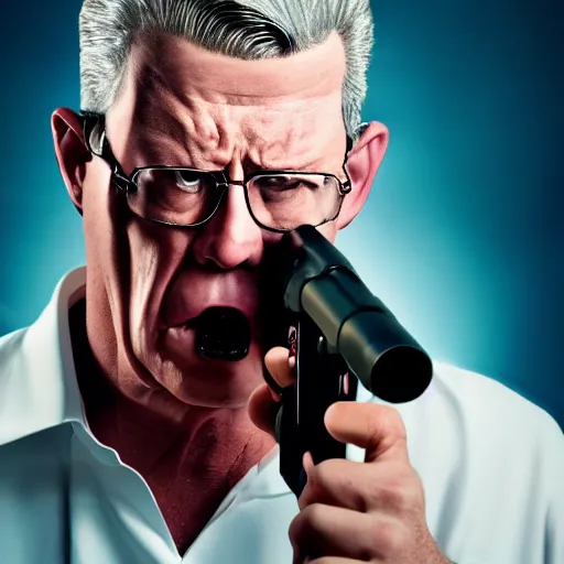 Image similar to angry hank hill with shotgun, extreme detail, studio light, photorealistic, live action, movie still, cinematic, bruised face, soft focus, well edited, 8 k, atmospheric, cigar,