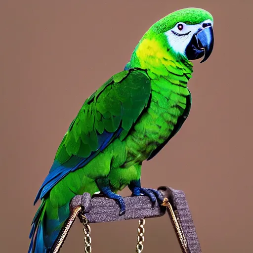 Image similar to a photo of a green parrot with a chain necklace around it's neck, the parrot is wearing the chain necklace around his neck, ultra high detail, 8 k.