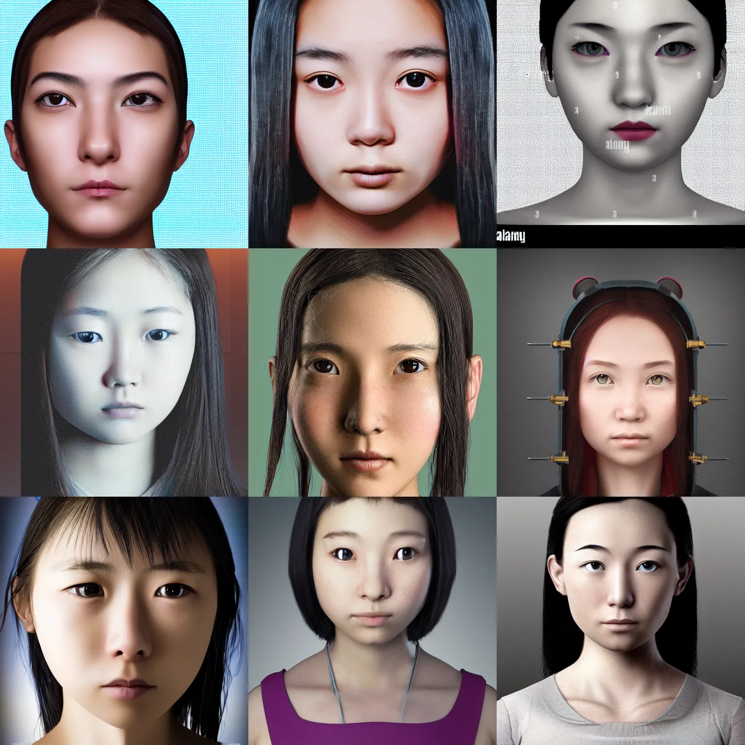 Prompt: passport photo of a closeup front orthographic portrait of a pettite young cyberpunk girl, japanese heritage, high detail, soft studio lighting, full frontal lighting, digital photography,