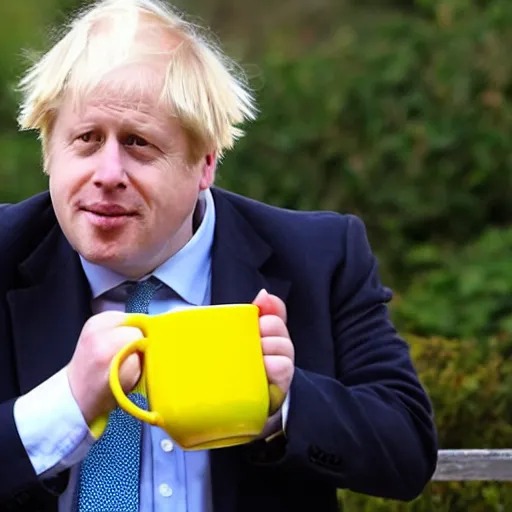 Prompt: Boris Johnson wearing suit and necktie drinking tea from a yellow mug