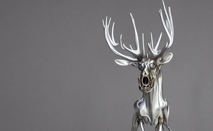 Image similar to stylized shiny polished silver statue full body extra limbs bizarre cosmic horror quadruped animal moose deer skull four legs made of marble of slug creature tendrils, perfect symmetrical body, perfect symmetrical face, hyper realistic, hyper detailed, by johannen voss, by michelangelo, octane render, blender, 8 k, displayed in pure white studio room austere