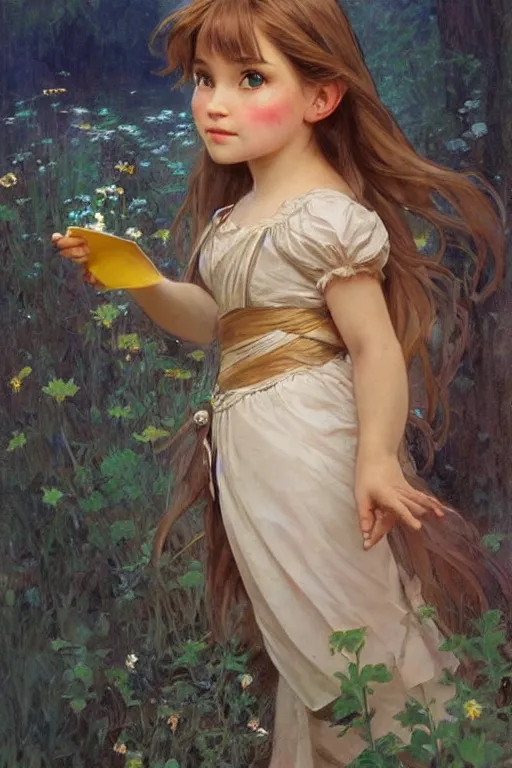 Prompt: a little girl with a mischievous face and short!! light brown straight hair. she is dressed as disney princess painting, beautiful detailed face. by artgerm and greg rutkowski and alphonse mucha