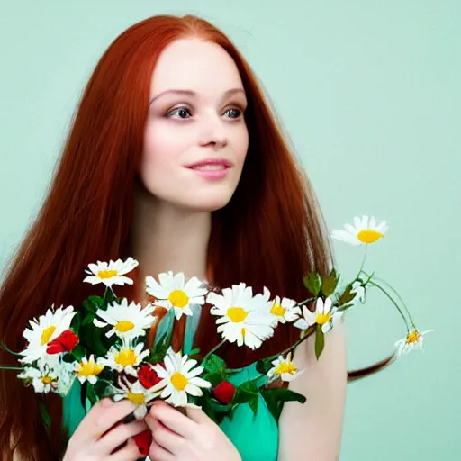 Prompt: a closeup portrait of slim, young woman, long straight red hair, holding a bouquet of daisies, she is looking down, soft mint green backdrop