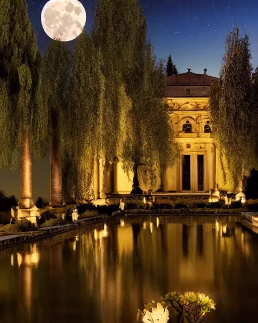 Prompt: photo of beautiful rococo courtyard under moonlight, large glowing moon, pool with reflections, weeping willows and flowers, hellenistic sculptures, romantic, archdaily,