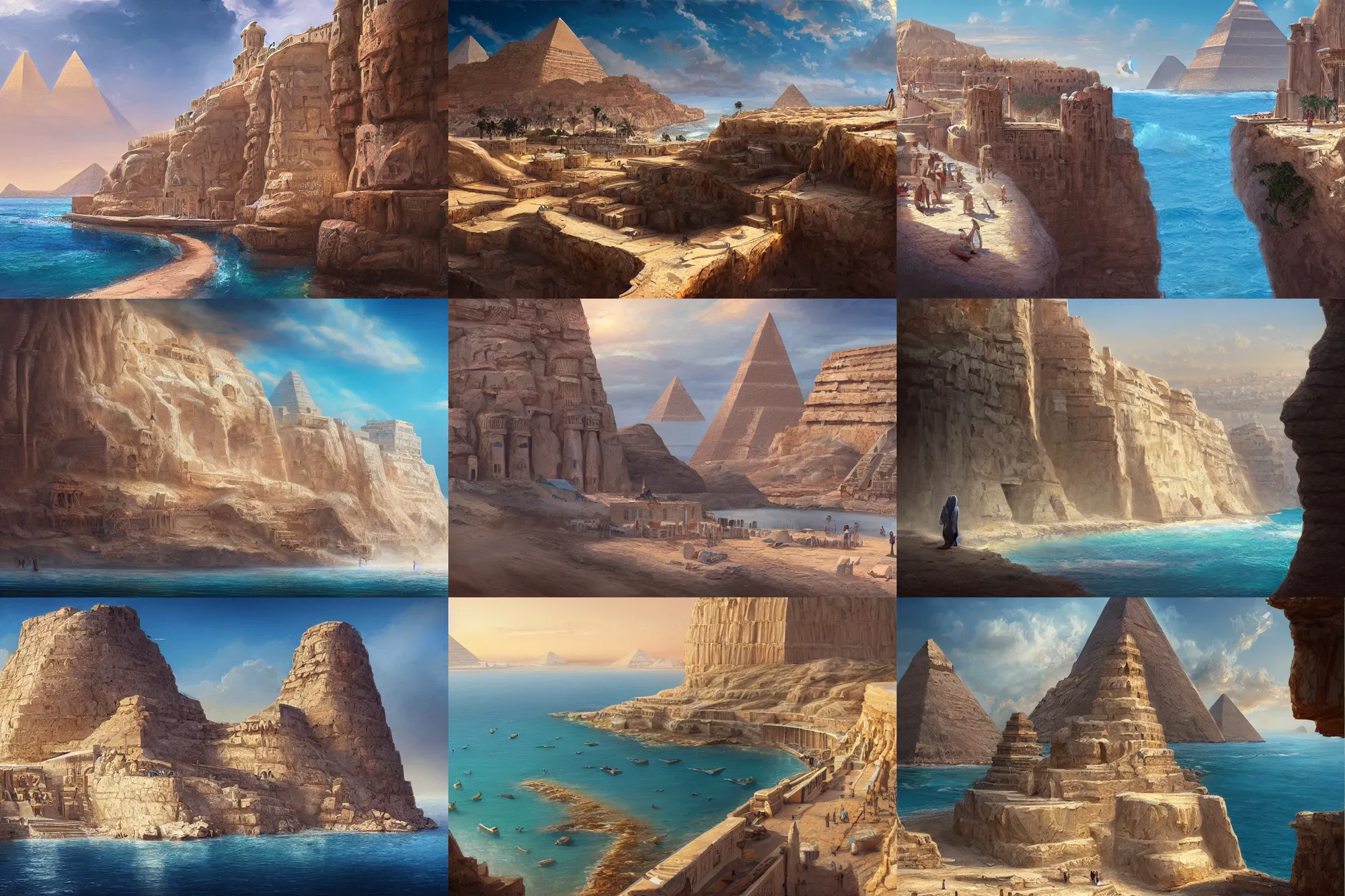 Prompt: egyptian mediterranean city on chalk cliff, highly detailed, digital painting, artstation, concept art, sharp focus, illustration, rutkowski, raphael lacoste, magali villeneuve