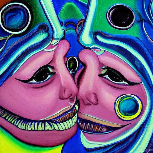 Image similar to expressive painting by francesca sundsten of two bizarre psychedelic femme creatures kissing each other closeup. they are part of an alien landscape. speculative evolution, exobiology