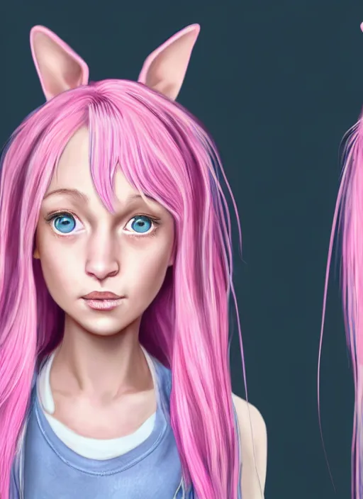 Prompt: concept art for the main character in the award winning film named life is better in pink. the character is a unnaturally beautiful teenage girl with deep dark blue eyes and long curled pink dyed hair, her ears are visible ears ears ears ears, wearing light pink clothes. realistic cg render, anatomically correct, high key lighting, trending on art station, vibrant colors.