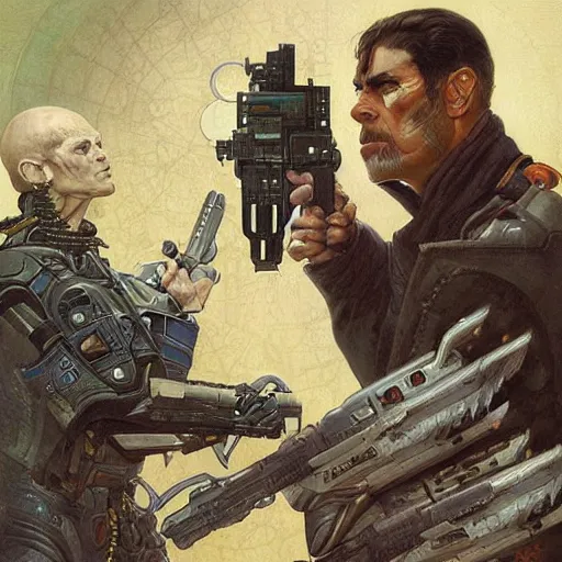 Prompt: Portrait of a sci-fi outlaw, by Gerald Brom, Kim Kyoung Hwan and Norman Rockwell
