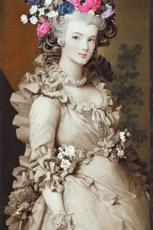 Prompt: robotic mecha marie antoinette beautiful young woman with baroque wig with flowers, flemish baroque, neoclassicism, flowers