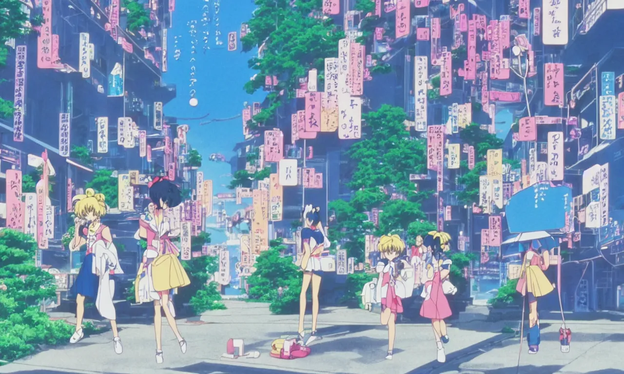 Image similar to A cute aesthetic still frame from an 80's Sailor Moon anime, minimal street in Japan with a waterfall