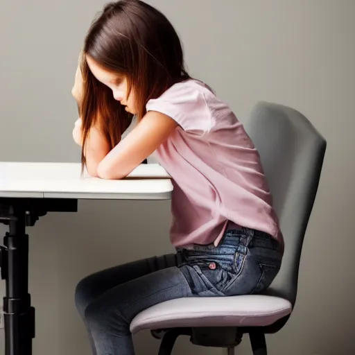 Prompt: girl with elbow on a desk and hands dragging back hair on the head sitting on a chair