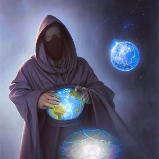 Image similar to creator of worlds wearing a cloak, masked, and holding a holographic planet projection in his hand, detailed, sci - fi, digital painting, artstation, sharp focus, illustration, ominous, artgerm, tomasz alen kopera, peter mohrbacher, donato giancola, joseph christian leyendecker, wlop, frank frazetta