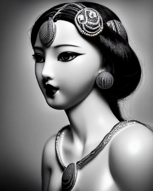 Prompt: black and white dreamy young beautiful female artificial intelligence, ornament very small pearls in the face, long hair are intricate with highly detailed small pearls, cinematic, rim light, bokeh, photo - realistic, elegant, high detail, 8 k, masterpiece, photo taken in 1 9 3 0