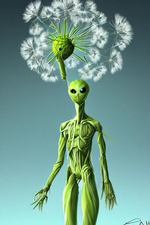 Prompt: a humanoid figure alien with a dandelion head, highly detailed, digital art, sharp focus, trending on art station, anime art style