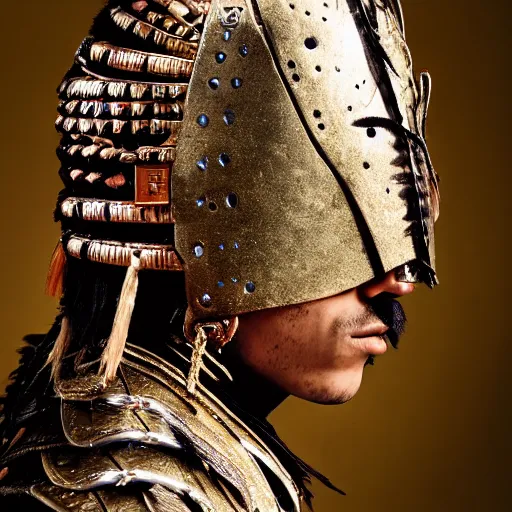 Image similar to a portrait of a beautiful young inca male wearing an alexander mcqueen armor , photographed by andrew thomas huang, artistic