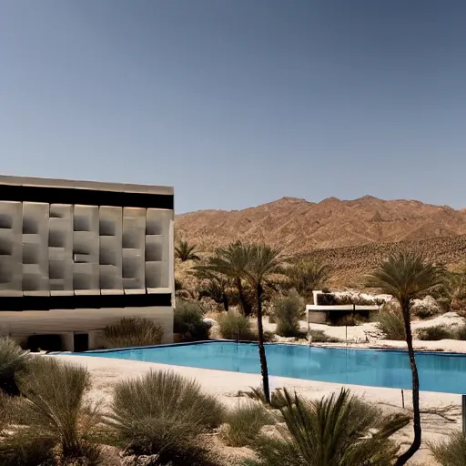 Image similar to brutalism hotel in the desert, biophilia mood, pool, garden, highly detailed, cinematic, photorealistic,