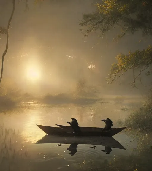 Image similar to three crows in a little boat in a swamp, volumetric lighting, majestic light, octane render, ethereal glare of the sun, hyperrealistic, epic, masterpiece, by greg rutkowski