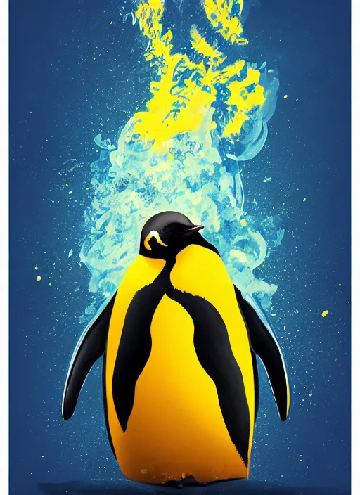 Image similar to a painting of a penguins face with blue and yellow smoke coming out of, a digital painting by petros afshar, behance contest winner, digital art, behance hd, digital illustration, digital painting