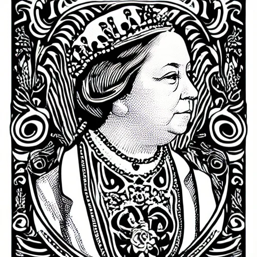 Image similar to queen victoria with a detailed line work skull over her face in screen print graphic style