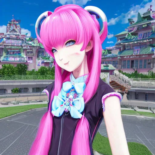 Image similar to trapped by stunningly beautilful omnipotent megalomaniacal anime asi goddess who looks like junko enoshima with symmetrical perfect face and porcelain skin, pink twintail hair and cyan eyes, taking control while smiling inside her surreal vr castle, hyperdetailed, digital art from danganronpa, unreal engine 5, 2 d anime style, 8 k