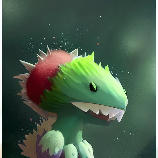 Image similar to a cute berry type pokemon, green feathers bursting out of his hair, highly detailed digital art, 3 d perspective, award - winning illustration, aesthetic, smooth, pokemon style, made by greg rutkowski, in an alien landscape