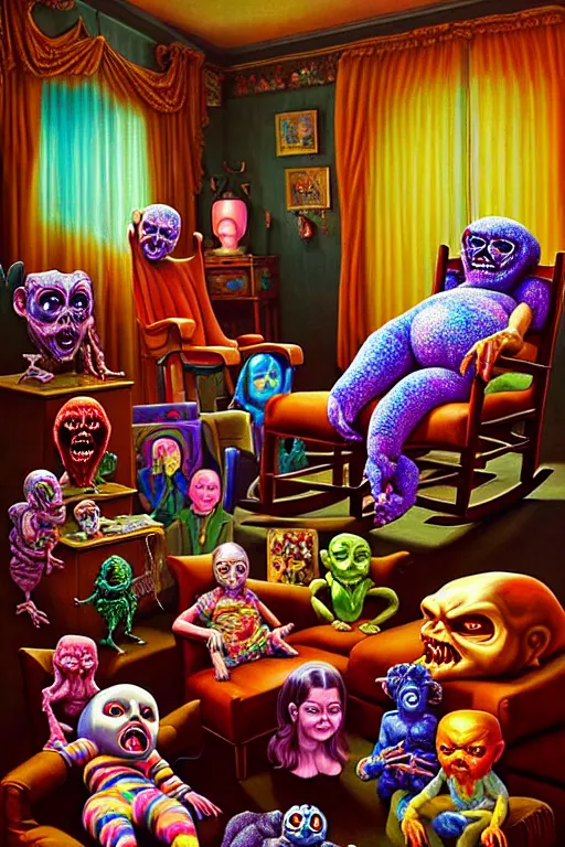 Image similar to a hyperrealistic painting of an ornate room full of evil possessed toys watching a grandma in a rocking chair, cinematic horror by chris cunningham, lisa frank, richard corben, highly detailed, vivid color,