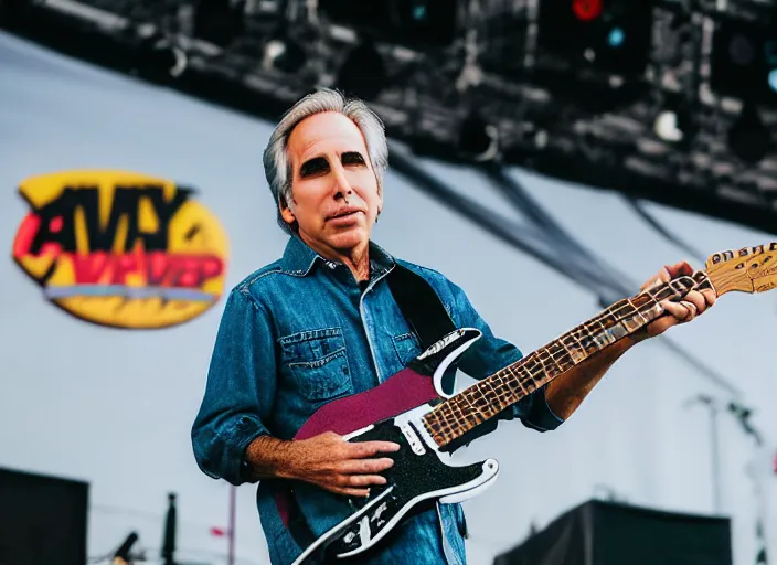 Image similar to photo still of henry winkler on stage at vans warped tour!!!!!!!! at age 3 3 years old 3 3 years of age!!!!!!!! shredding on guitar, 8 k, 8 5 mm f 1. 8, studio lighting, rim light, right side key light