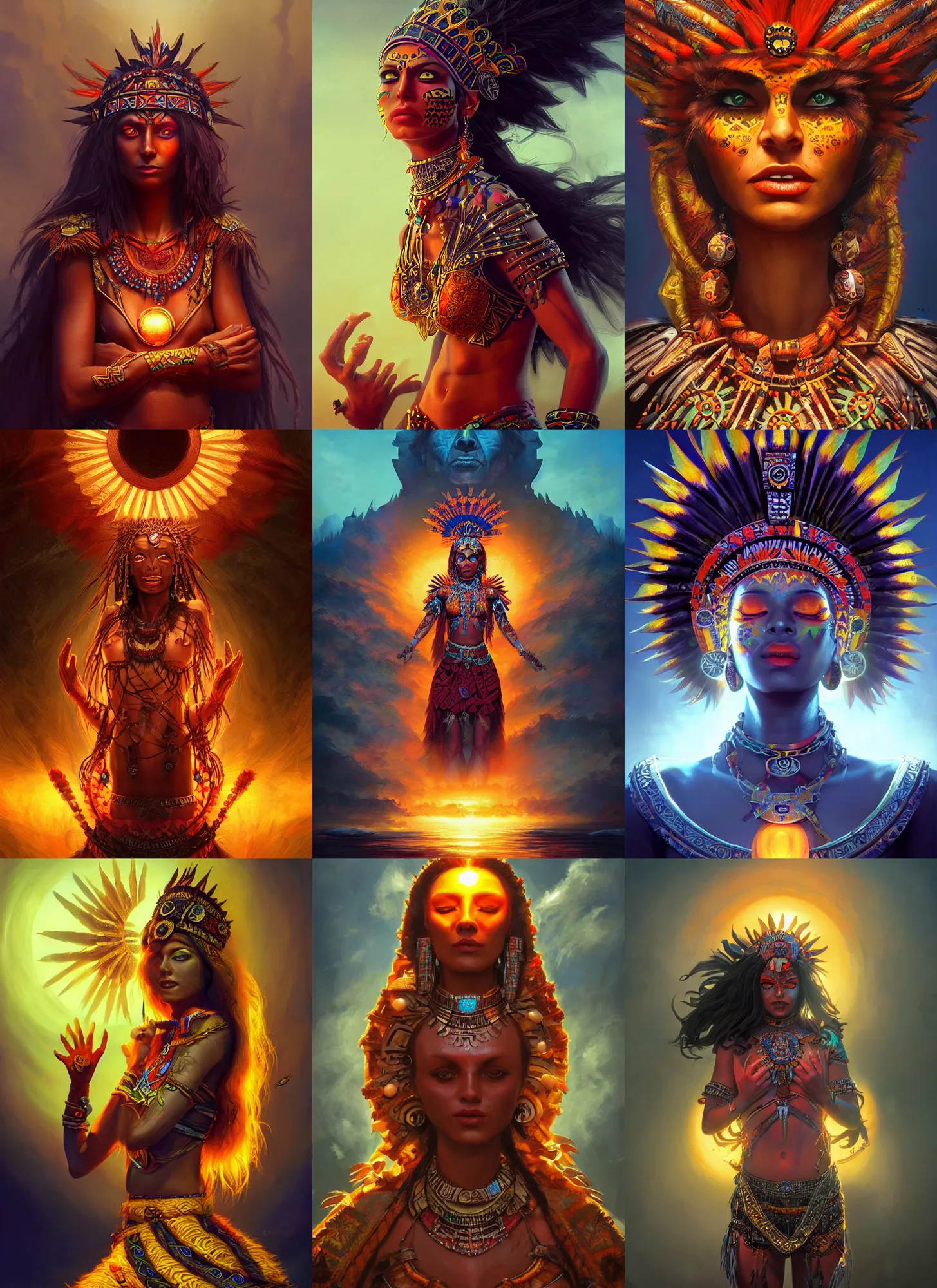 Prompt: aztec sun goddess, vivid colors, dark shadows, contrast, concept art, sharp focus, digital art, Hyper-realistic, 4K, Unreal Engine, Highly Detailed, Dramatic Lighting, Beautiful, by Brom, bastien lecouffe-deharme