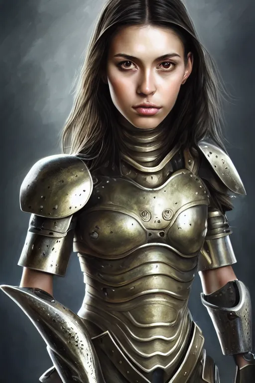 Image similar to a photorealistic painted portrait of an attractive young girl, partially clothed in metal-plated battle armor, olive skin, exotic appearance, long dark hair, flawless skin, beautiful bone structure, perfectly symmetric facial features, perfect photorealistic eyes, natural physique, intricate, elegant, digital painting, concept art, finely detailed, beautifully illustrated, sharp focus, minimal artifacts, from Metal Gear, by Ruan Jia and Mandy Jurgens and Artgerm and William-Adolphe Bouguerea, in the style of Greg Rutkowski, trending on Artstation, award winning art