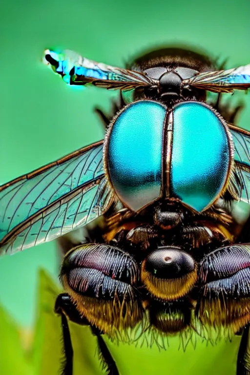 Image similar to high quality macro close-up metallic tachinid fly! gorgeous highly detailed hannah yata elson peter cinematic turquoise lighting high quality low angle hd 8k sharp shallow depth of field