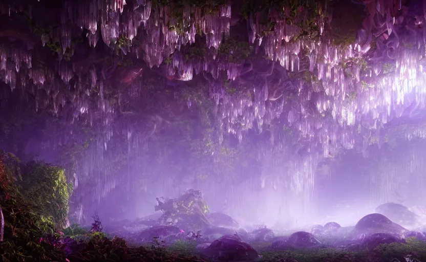 Image similar to a beautiful and stunning digital render of a humongous crystal cave, dimly glowing mushrooms, vines, haze, waterfall, volumetric lighting, photorealistic, unreal engine 5, ultra detail, trending on artstation