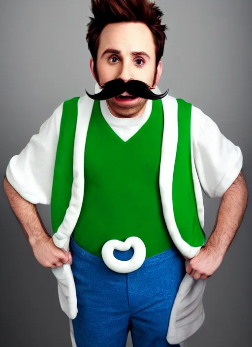 charlie day with a mustache dressed as luigi, cosplay