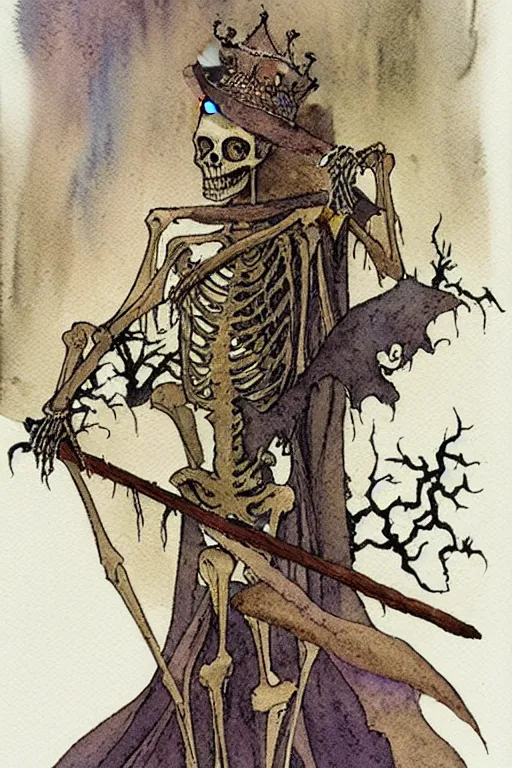 Image similar to a simple and atmospheric watercolour portrait of a skeleton king on halloween, very muted colors, by rebecca guay, michael kaluta, charles vess and jean moebius giraud